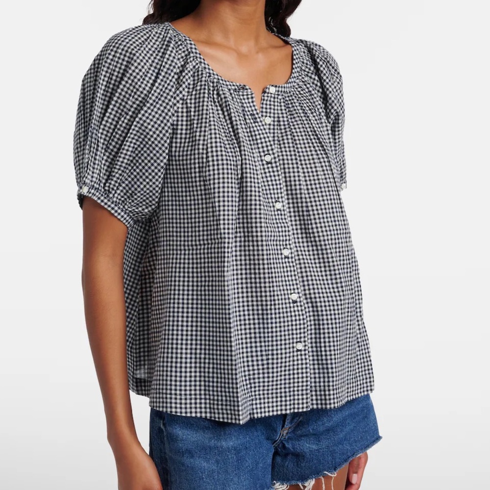 INDUSTRY BLUE COTTON GINGHAM CHECK PUFF SLEEVE CLASSIC BOHO TOP Ivory S